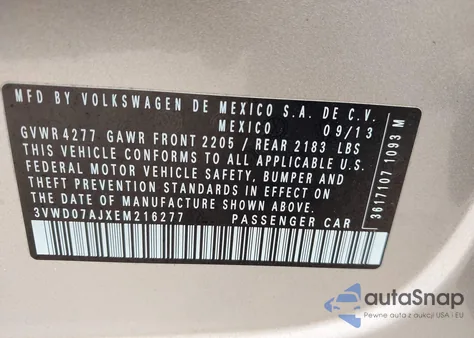 2014 Volkswagen Jetta 1.8T Se z USA, uszkodzony, nr VIN 3VWD07AJXEM216277